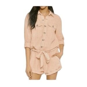 Free People Yarn Dye Stripe Linen Blend Belted Romper Pink Black Long Sleeve Sho